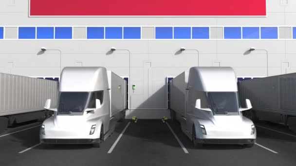 Camions semi-remorques au quai de chargement de l'entrepôt avec drapeau de VENEZUELA. Animation 3D conceptuelle liée à la logistique vénézuélienne — Video