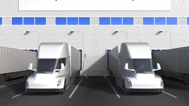 Camiones remolque en muelle de carga de almacén con bandera de COREA DEL SUR. Logística surcoreana relacionada con la animación 3D conceptual — Vídeo de stock