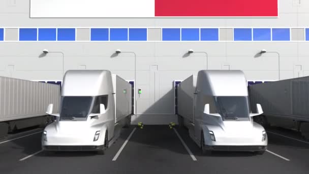 Camions-remorques au quai de chargement de l'entrepôt avec le drapeau de MALTA. Logistique maltaise liée à l'animation 3D conceptuelle — Video