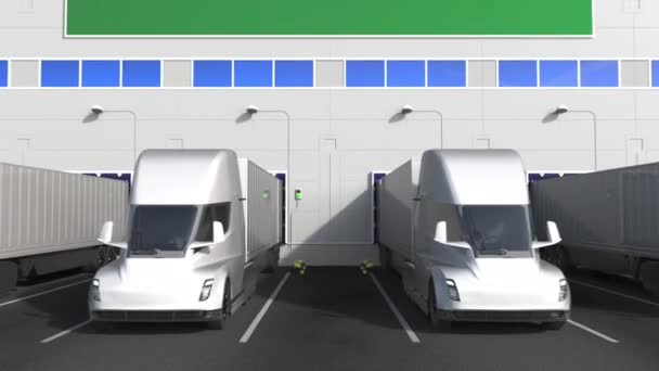 Φορτηγά στην αποθήκη φορτώνουν με τη σημαία της Βολιβίας. Bolivian logistics σχετικές έννοιες 3d animation — Αρχείο Βίντεο