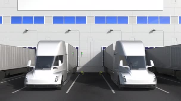 Elektriska lastbilar vid magasinets lastkaj med estnisk flagg. Estnisk logistikrelaterad konceptuell 3D-animation — Stockvideo