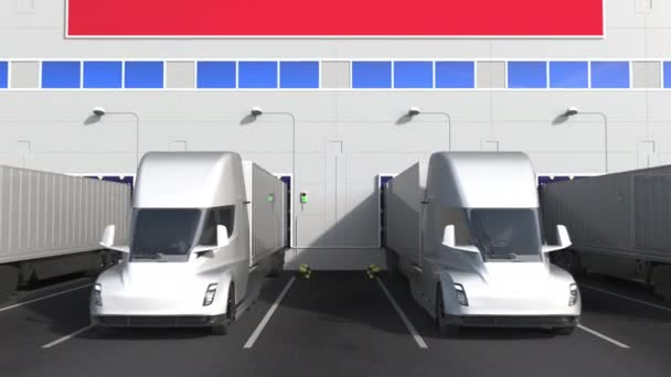 Camions semi-remorques à l'entrepôt de chargement avec drapeau de l'ÉQUATEUR. Equatorien logistique liée à l'animation 3D conceptuelle — Video