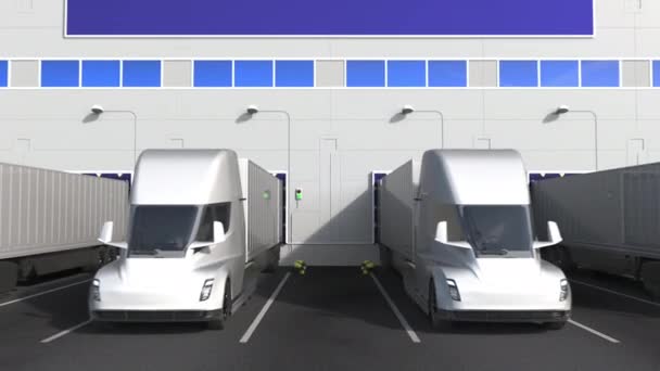 Camiones eléctricos en bodega de carga con bandera de CROACIA. Logística croata relacionada con la animación conceptual 3D — Vídeos de Stock