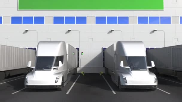 Camions semi-remorques au quai de chargement de l'entrepôt avec drapeau de AZERBAIJAN. animation 3D conceptuelle liée à la logistique azerbaïdjanaise — Video