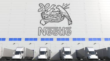 Electric trailer trucks at warehouse loading bay with NESTLE logo on the wall. Editorial 3D rendering clipart