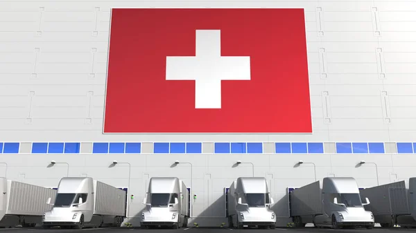 Camions-remorques électriques au quai de chargement de l'entrepôt avec drapeau de la SUISSE. Logistique suisse liée rendu 3D conceptuel — Photo