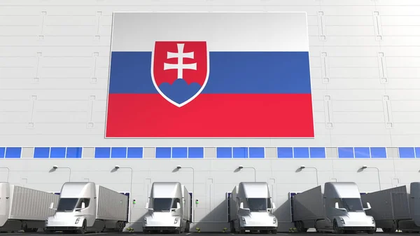 Електричні причепні вантажівки на складовому вантажному відсіку з прапором Словаччини. Словацька логістика пов'язує концептуальний 3d рендеринг — стокове фото