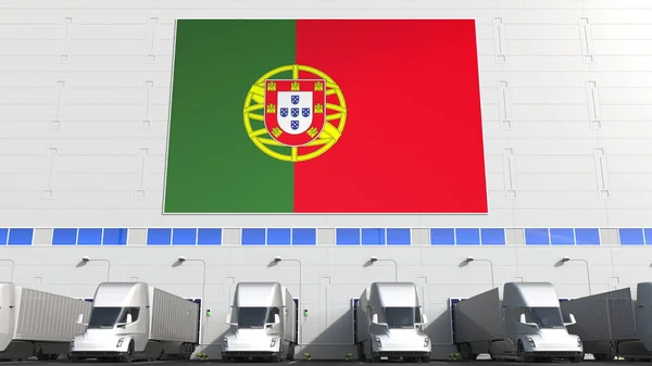 Elektryczne przyczepy w magazynie ładowni z flagą Portugalii. Portugalska logistyka związane koncepcyjne 3d renderowania — Zdjęcie stockowe