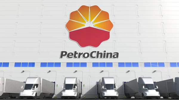 仓库装卸区的电动半挂车，墙上有中国石油公司的标识。编辑3d渲染 — 图库照片