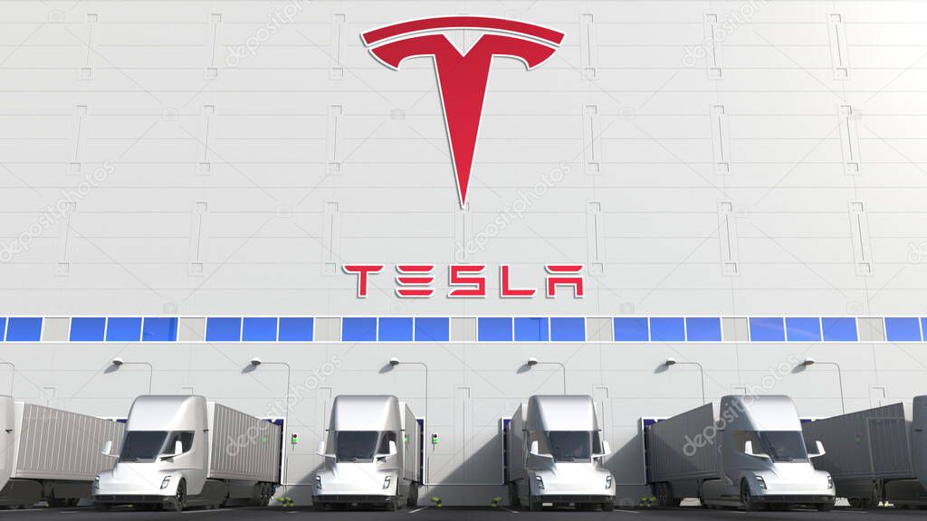 Trailer trucks at warehouse loading bay with logo on the wall. Editorial 3D