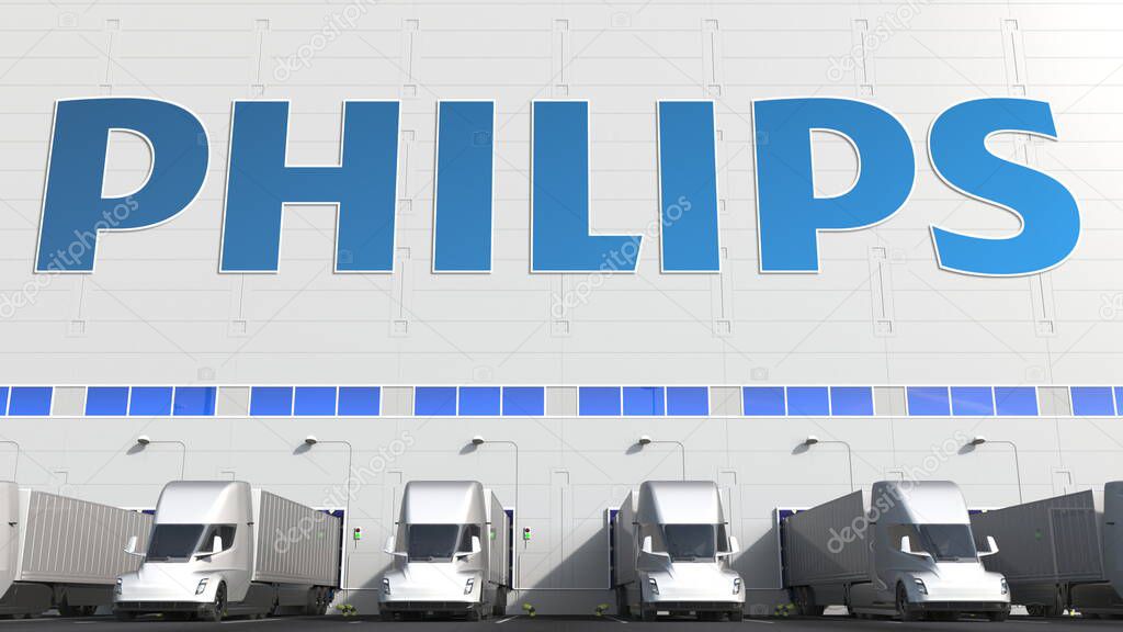 Trailer trucks at warehouse loading bay with logo on the wall. Editorial 3D