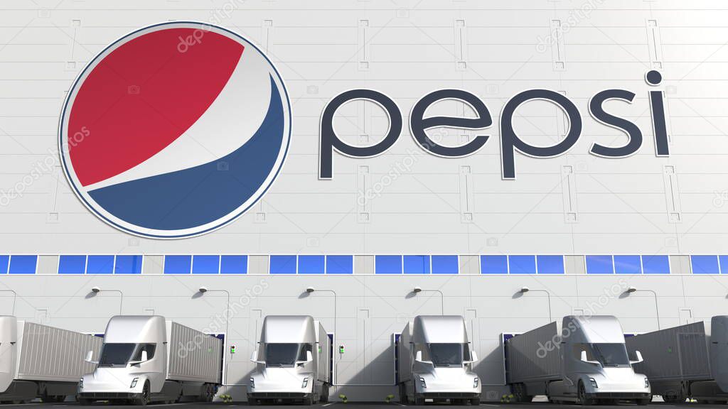 Trailer trucks at warehouse loading bay with logo on the wall. Editorial 3D