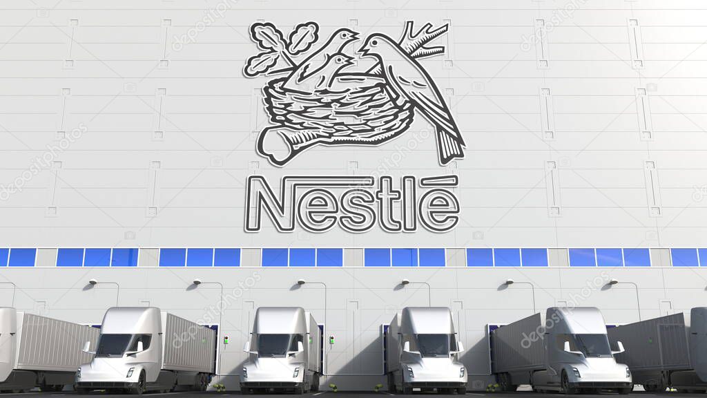 Trailer trucks at warehouse loading bay with logo on the wall. Editorial 3D