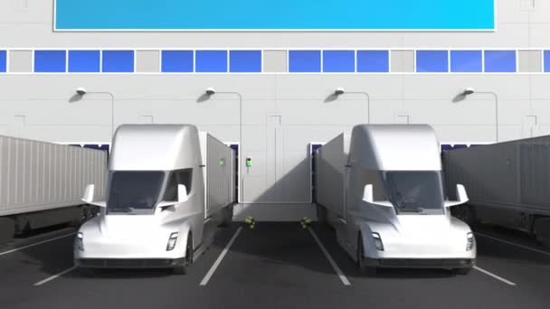 Camions semi-remorques électriques au quai de chargement de l'entrepôt avec drapeau de LUXEMBOURG. Logistique liée à l'animation 3D conceptuelle — Video