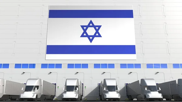 Elektriska släpvagnslastbilar vid lagerlastkaj med israelisk flagg. Israelisk logistikrelaterad konceptuell 3D-återgivning — Stockfoto