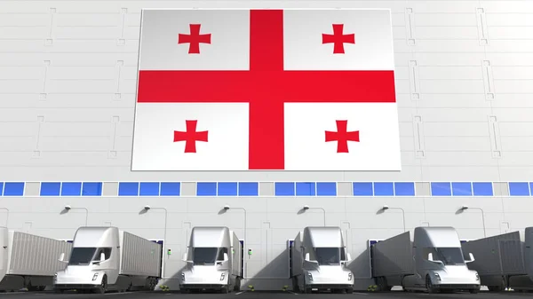 조지아의 깃발을 실은 트럭들 이 창고에 있어요. 조지아의 물류는 개념적 인 3D 렌더링 과 관련 이 있습니다. — 스톡 사진