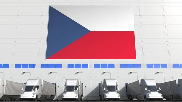 현대의 트럭들 이 CZECH 출판물의 깃발로 만을 적재하고 있습니다. 체코의 물류 회사들은 개념적 3D 렌더링 과 관련 이 있습니다. — 스톡 사진