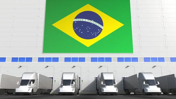 现代拖车载货或卸货在带有BRAZIL标志的仓库码头。巴西物流相关概念3D渲染 — 图库照片