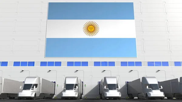 Трейлерські вантажівки на складі вантажного доки з прапором ARGENTINA. Аргентинська логістика пов'язана з концептуальним 3D-рендерингом — стокове фото
