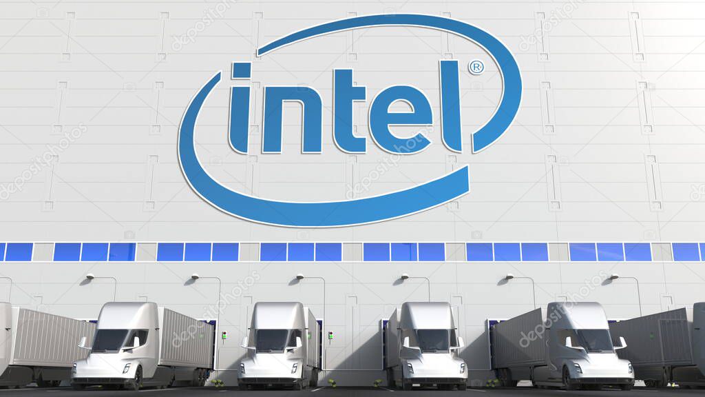 Trailer trucks at warehouse loading bay with logo on the wall. Editorial 3D