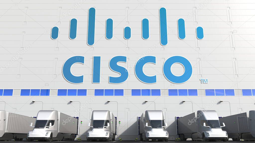 Trailer trucks at warehouse loading bay with logo on the wall. Editorial 3D