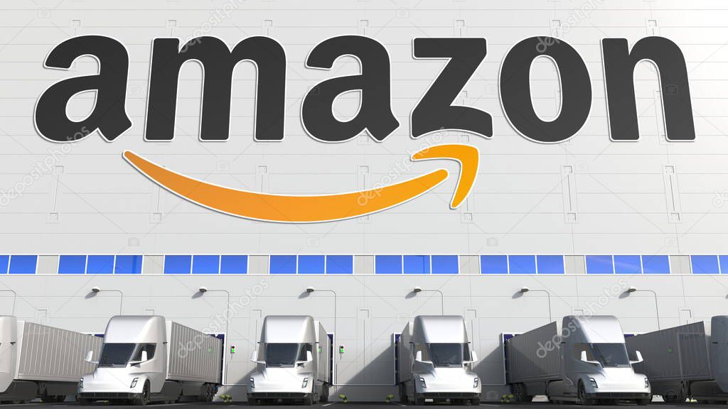 Trailer trucks at warehouse loading bay with logo on the wall. Editorial 3D