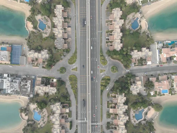 Aerial top down panoramic shot of the Palm Jumeirah artificial island details. Dubai, UAE — Stock Photo, Image