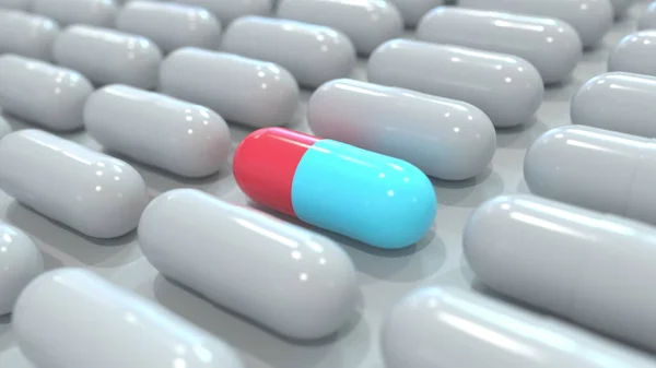 Red and blue drug capsule among many grey ones. Pharmaceutical search related conceptual 3D rendering — Stock Photo, Image