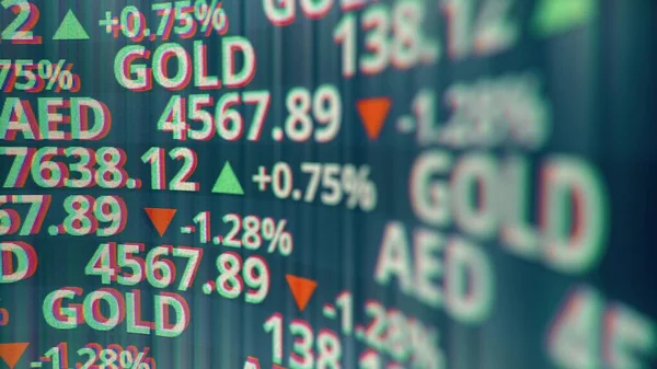 Fiktive Aktien- und Goldticker auf dem Bildschirm, 3D-Rendering — Stockfoto
