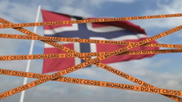 Waarschuwing biohazard tape met vlag van Noorwegen als achtergrond. Noorse beperkte toegang of quarantaine. Conceptuele looping 3D animatie — Stockvideo