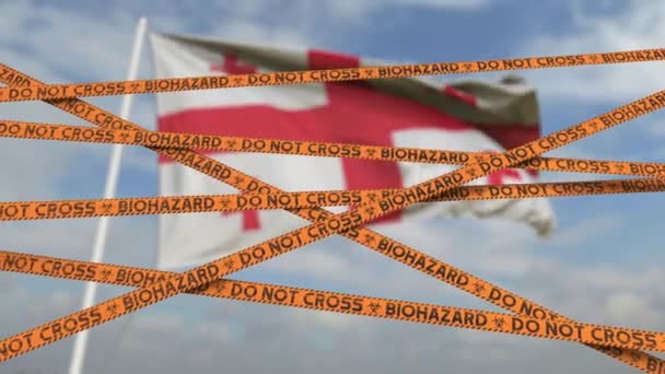 Biohazard Restriction Band Linien gegen die georgische Flagge. Einreiseverbot oder Quarantäne in Georgien. Konzeptionelle 3D-Looping-Animation — Stockvideo