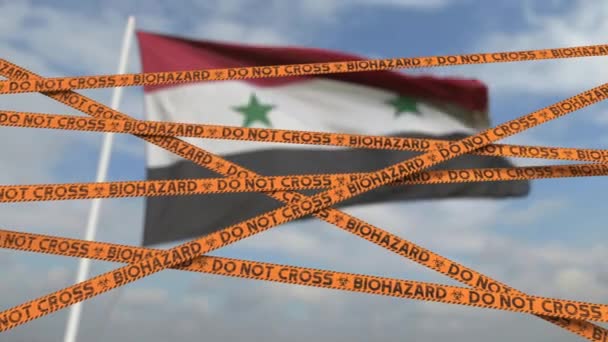 Do not cross biohazard tape lines on the Syrian flag background. Restricted border crossing or quarantine in Syria. Conceptual looping 3D animation — Stock video