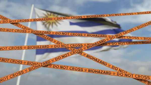 Biohazard Restriction Band Linien gegen die uruguayische Flagge. Einreiseverbot oder Quarantäne in Uruguay. Konzeptionelles 3D-Rendering — Stockfoto