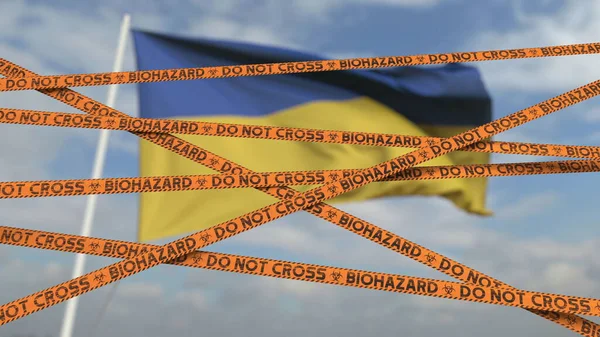 Attenzione nastro di rischio biologico con bandiera dell'Ucraina come sfondo. Ucraina limitato valico di frontiera o quarantena. Rendering 3D concettuale — Foto Stock
