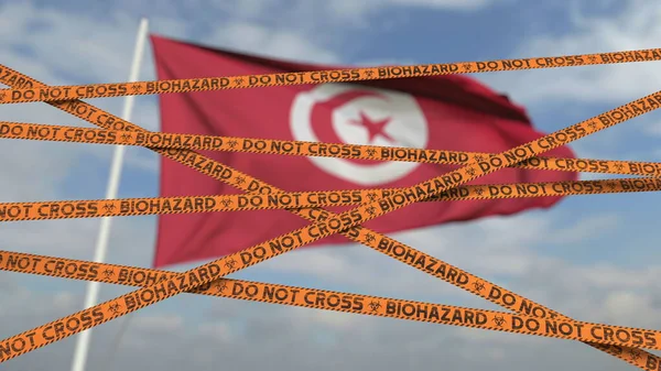 チュニジアの旗に対するバイオハザード制限テープライン。チュニジアの制限された国境の交差点または隔離。概念的な3Dレンダリング — ストック写真