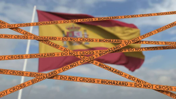 Uwaga taśma z flagą Hiszpanii jako tło. Hiszpańskie ograniczone przejście graniczne lub kwarantanna. Konceptualne renderowanie 3D — Zdjęcie stockowe