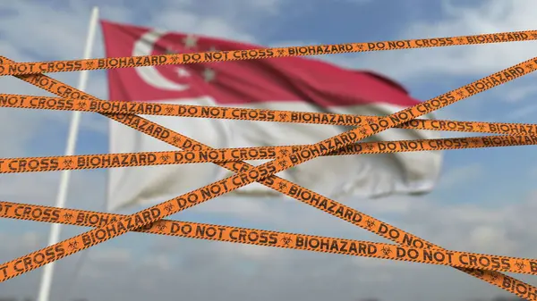 Vorsicht Biohazard Tape mit der Flagge von Singapur als Hintergrund. Singapurs eingeschränkter Grenzübertritt oder Quarantäne. Konzeptionelles 3D-Rendering — Stockfoto