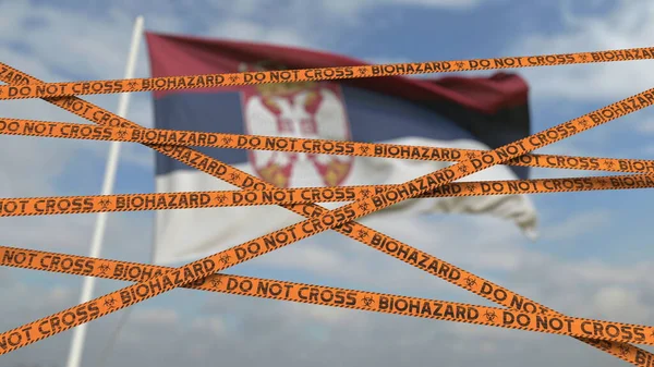 Biohazard Restriction Band Linien gegen die serbische Flagge. Beschränkter Grenzübertritt oder Quarantäne in Serbien. Konzeptionelles 3D-Rendering — Stockfoto