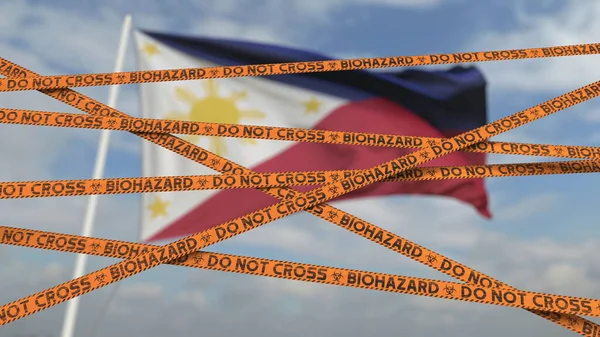 Cuidado com fita de risco biológico com bandeira das Filipinas como pano de fundo. Entrada restrita ou quarentena. Renderização 3D conceitual — Fotografia de Stock
