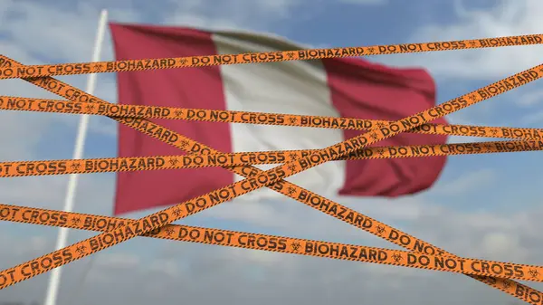 Biohazard Restriction Tapes gegen die peruanische Flagge. Einreiseverbot oder Quarantäne in Peru. Konzeptionelles 3D-Rendering — Stockfoto