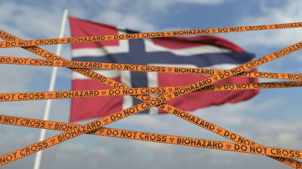 Waarschuwing biohazard tape met vlag van Noorwegen als achtergrond. Noorse beperkte toegang of quarantaine. Conceptuele 3d-weergave — Stockfoto