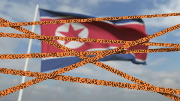 Não cruze linhas de fita de risco biológico no fundo da bandeira norte-coreana. Entrada restrita ou quarentena na Coreia do Norte. Renderização 3D — Fotografia de Stock