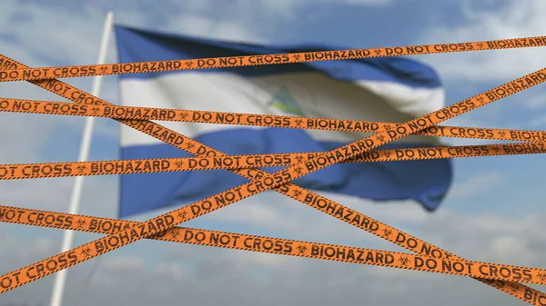 Vorsicht Biohazard Tape mit der Flagge Nicaraguas als Hintergrund. Nicaragua beschränkte Grenzübertritte oder Quarantäne. Konzeptionelles 3D-Rendering — Stockfoto