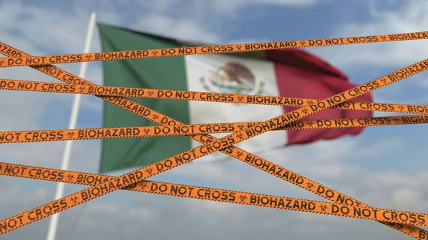 Linhas de fita de restrição de risco biológico contra a bandeira mexicana. Travessia de fronteira restrita ou quarentena no México. Renderização 3D conceitual — Fotografia de Stock