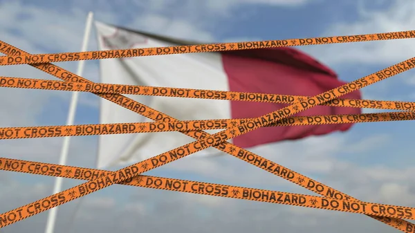 Biohazard restriction tape lines gegen die maltesische Flagge. Beschränkter Grenzübertritt oder Quarantäne in Malta. Konzeptionelles 3D-Rendering — Stockfoto