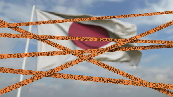 Peringatan biohazard tape dengan bendera Jepang sebagai latar belakang. Perbatasan perbatasan Jepang atau karantina. Pencitraan 3D konseptual — Stok Foto