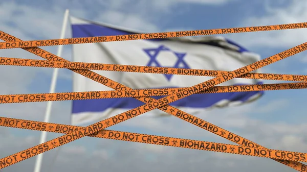 Μην διασχίζετε ταινίες βιολογικού κινδύνου στο φόντο της ισραηλινής σημαίας. Περιορισμένη διέλευση των συνόρων ή καραντίνα στο Ισραήλ. Εννοιολογική 3d απόδοση — Φωτογραφία Αρχείου