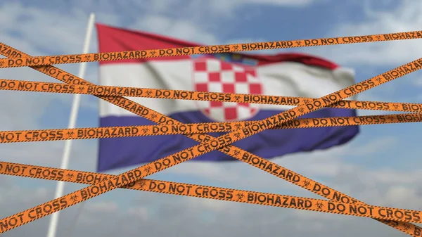 Линии ограничения биологической опасности против хорватского флага. Ограниченный въезд или карантин в Хорватии. Концептуальная 3D рендеринг — стоковое фото
