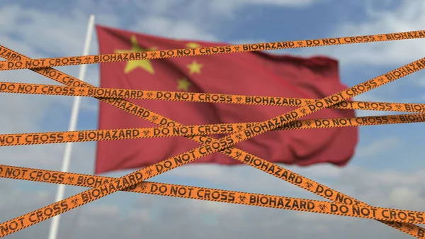 Linhas de fita de restrição de risco biológico contra a bandeira chinesa. Entrada restrita ou quarentena na China. Renderização 3D conceitual — Fotografia de Stock