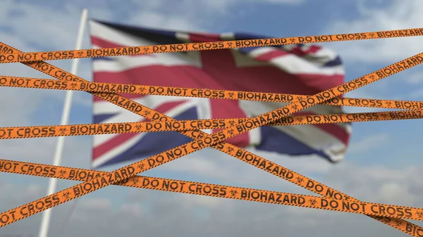 Vorsicht Biohazard Tape mit der Flagge des Vereinigten Königreichs als Hintergrund. Britische Einreiseverbote oder Quarantäne. Konzeptionelles 3D-Rendering — Stockfoto